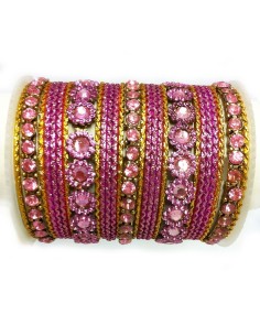 Parure de 27 Bracelets Indiens Rose et Doré avec Strass Floraux (T032)