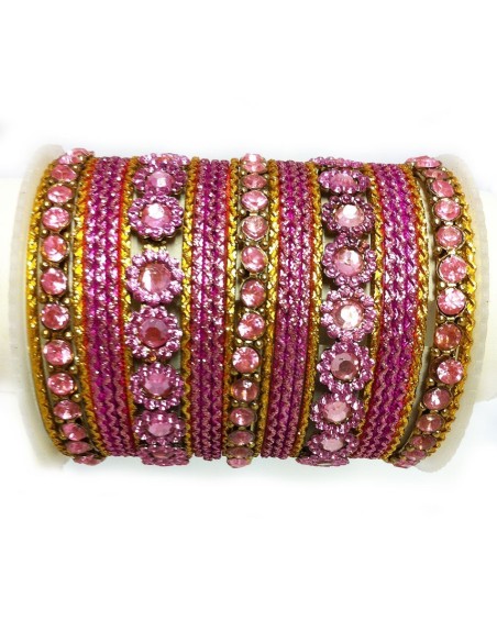 Sparkling Pink & Gold Floral Diamante Bangle Set (27 pcs) - T032