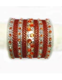 Vibrant Orange & Silver Diamante Bangle Set (25 pcs) - T031