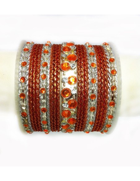 Parure de 25 Bracelets Indiens Orange et Argent avec Strass (T031)