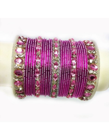 Parure Majestueuse de 31 Bracelets Indiens Magenta et Argent avec Strass (T030)