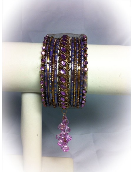 Parure de 14 Bracelets en Lakh Violet et Or Antique avec Pampille (T004)