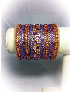 Parure de 25 Bracelets en Lakh Violet et Or avec Strass (T003)