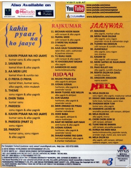 Golden Collection: Kahin Pyaar Na Ho Jaaye - Rajkumar - Judaai - Jaanwar - Mela (CD) (MP3) (2015)