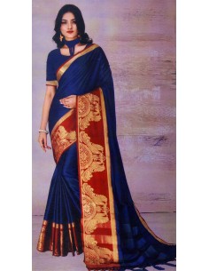 Sari en soie bleu et rouge