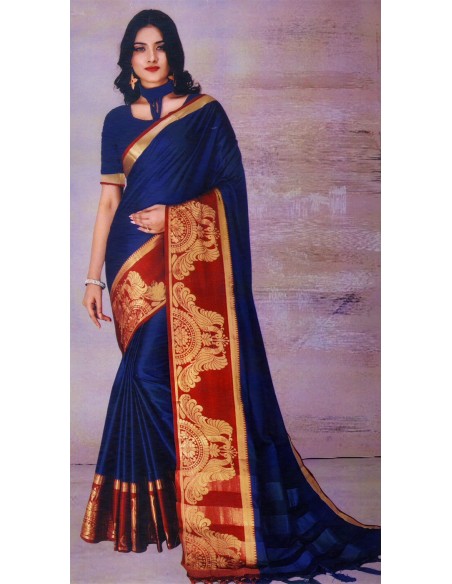 Saree Kayal – mousseline de soie brodée zari bleu et rouge