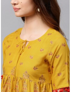 Kurti Trapèze Jaune Moutarde & Empire Rouge - Gerua [Bollymarket.com] 2
