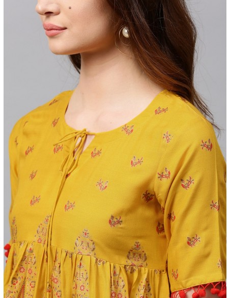 Gerua Mustard Yellow & Red Empire A-Line Kurti [Bollymarket.com]