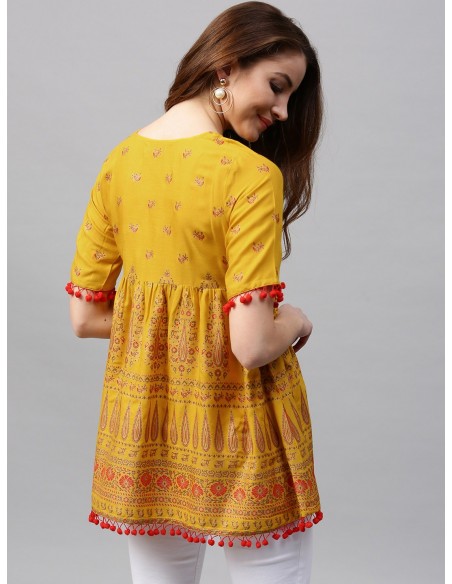 Gerua Mustard Yellow & Red Empire A-Line Kurti [Bollymarket.com]