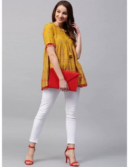 Kurti Trapèze Jaune Moutarde & Empire Rouge - Gerua [Bollymarket.com]