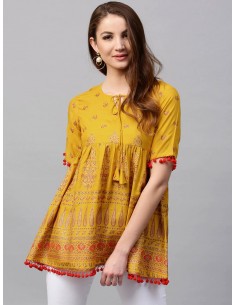 Gerua Mustard Yellow & Red Empire A-Line Kurti