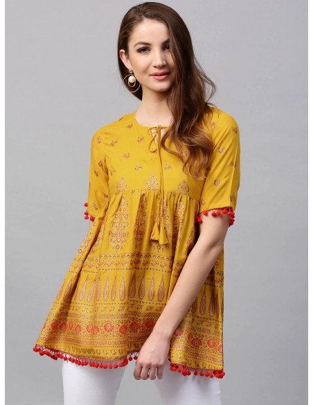 Gerua Mustard Yellow & Red Empire A-Line Kurti