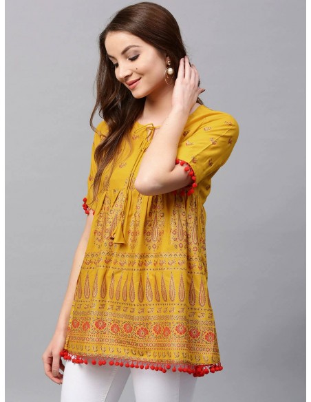 Gerua Mustard Yellow & Red Empire A-Line Kurti [Bollymarket.com]
