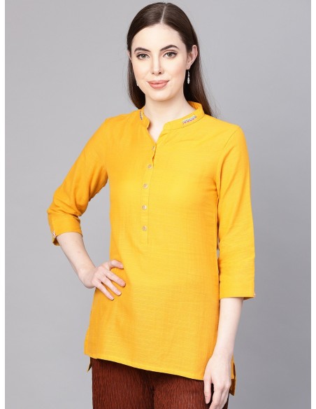 Biba Mustard Yellow Solid Straight Kurti