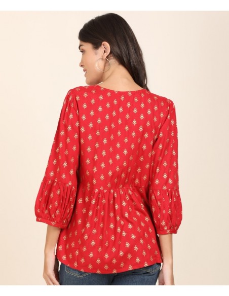 Global Desi Red & Gold Printed Regular Top
