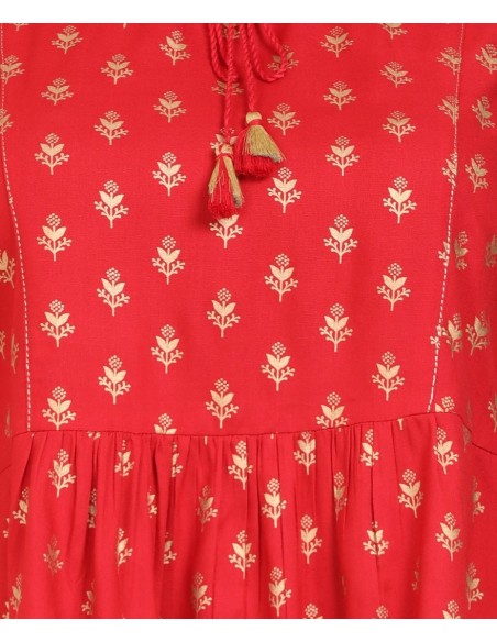 Global Desi Red & Gold Printed Regular Top