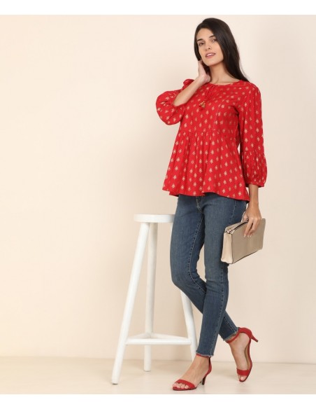 Global Desi Red & Gold Printed Regular Top