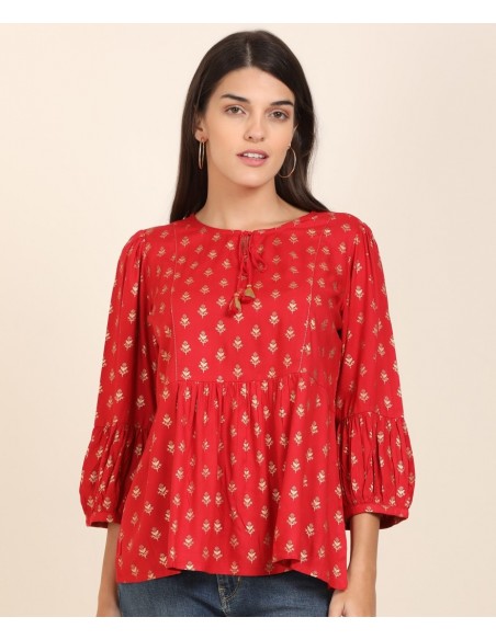 Global Desi Red & Gold Printed Regular Top