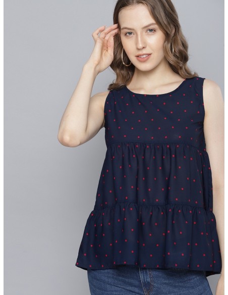 Tokyo Talkies Navy Blue Printed Tiered Top