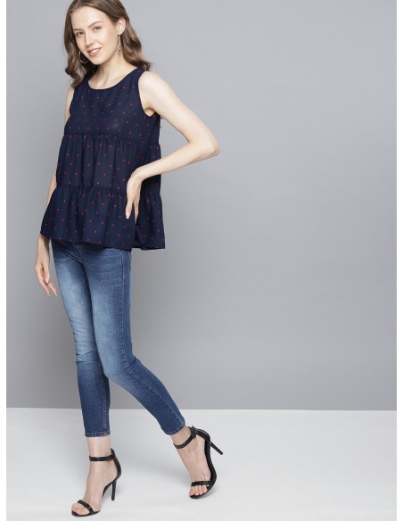 Tokyo Talkies Navy Blue Printed Tiered Top