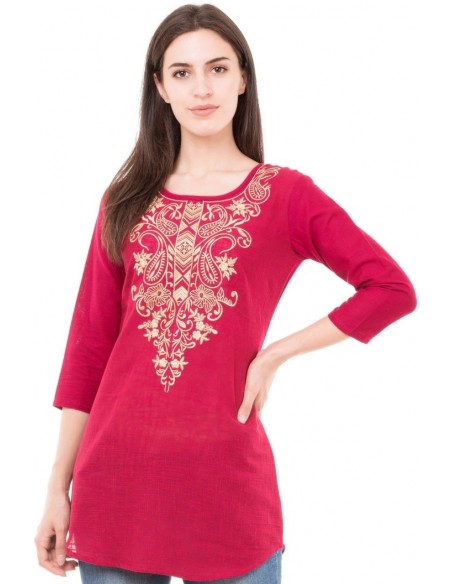 Top bordeaux col rond brodé en coton - Attire4ever