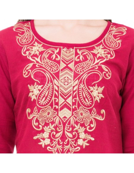 Top bordeaux col rond brodé en coton - Attire4ever