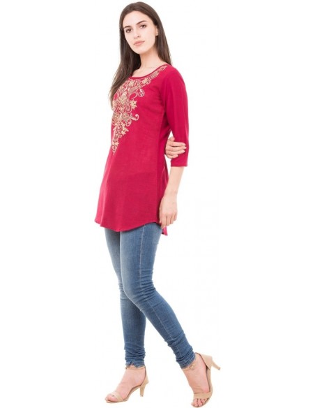 Casual Regular Sleeve Embroidered Women Maroon Top - Attire4ever