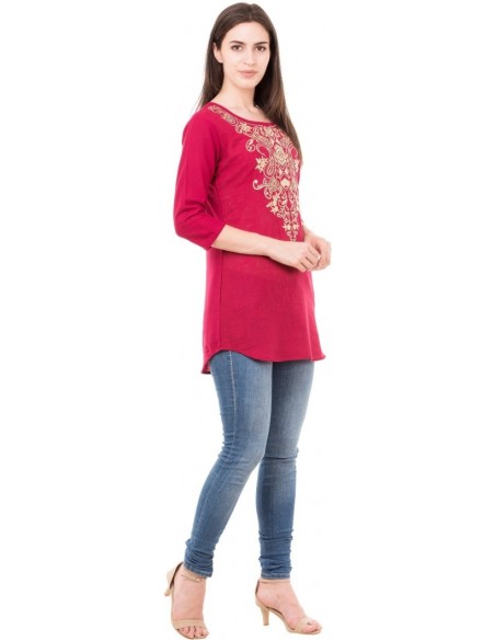 Casual Regular Sleeve Embroidered Women Maroon Top - Attire4ever