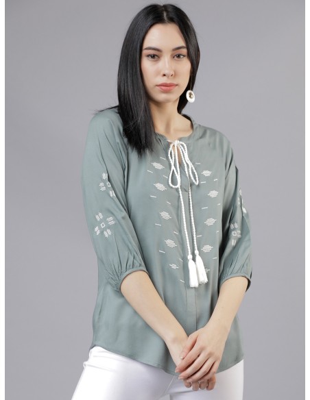 Olive Green Embroidered Viscose Top – Tokyo Talkies