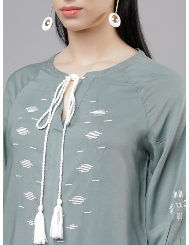 Olive Green Embroidered Viscose Top – Tokyo Talkies