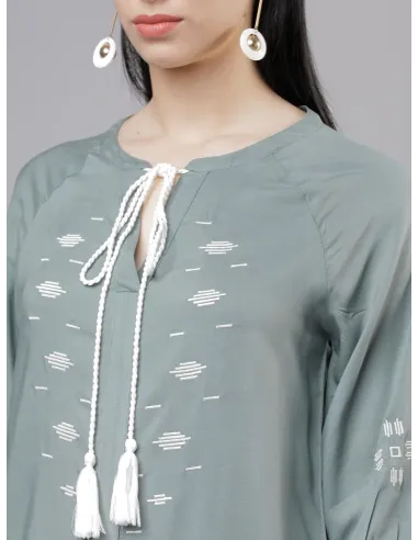 Women Olive Green Embroidered Top - Tokyo Talkies