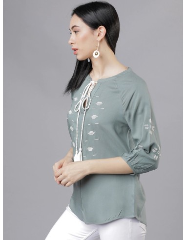 Olive Green Embroidered Viscose Top – Tokyo Talkies