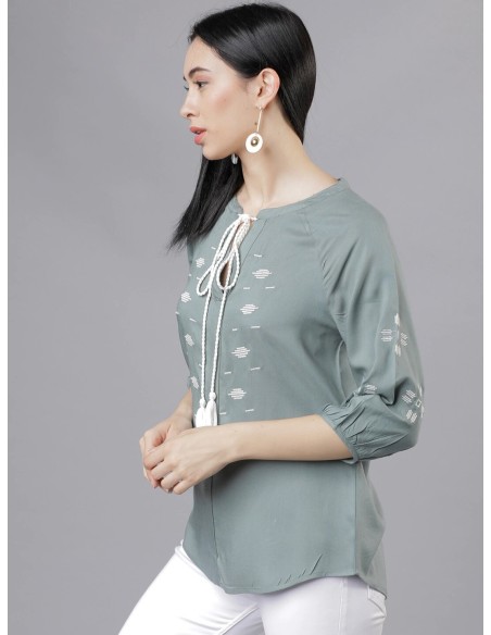 Olive Green Embroidered Viscose Top – Tokyo Talkies