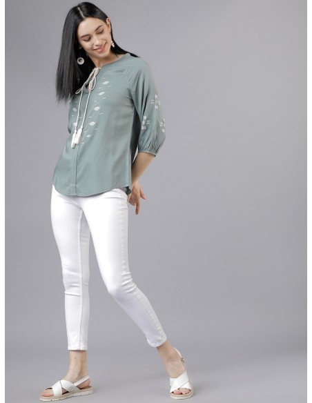 Olive Green Embroidered Viscose Top – Tokyo Talkies