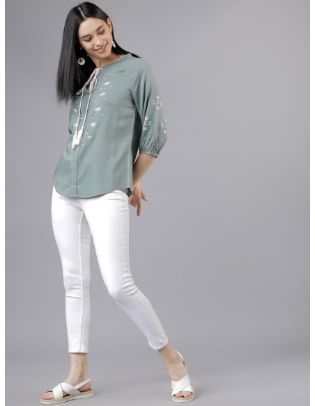 Women Olive Green Embroidered Top - Tokyo Talkies