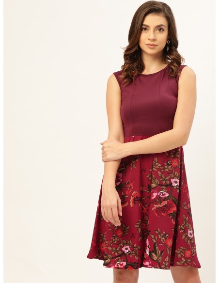 Burgundy & Maroon Printed Detail A-Line Dress - U&F