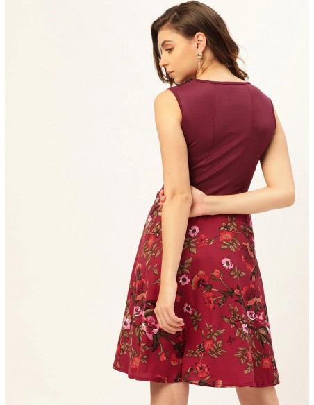 Women Burgundy & Maroon Printed Detail A-Line Dress - U&F