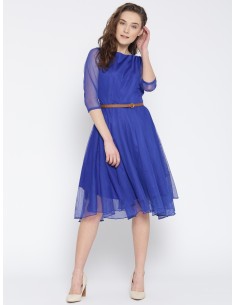 Blue Crepe Solid Fit & Flare Dress - U&F