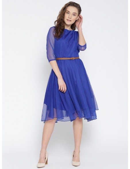 Women Blue Crepe Solid Fit & Flare Dress - U&F