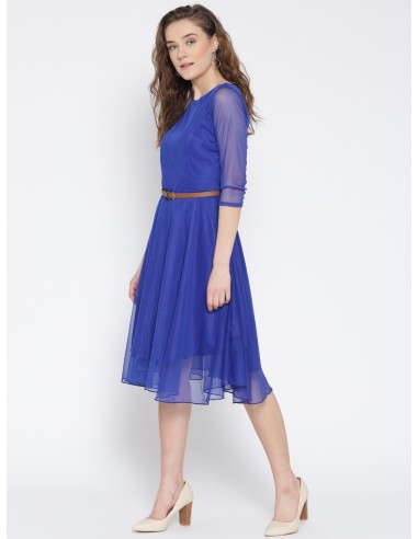 Blue Crepe Solid Fit & Flare Dress - U&F