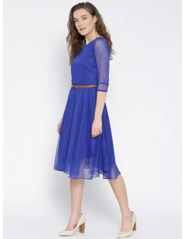 Women Blue Crepe Solid Fit & Flare Dress - U&F