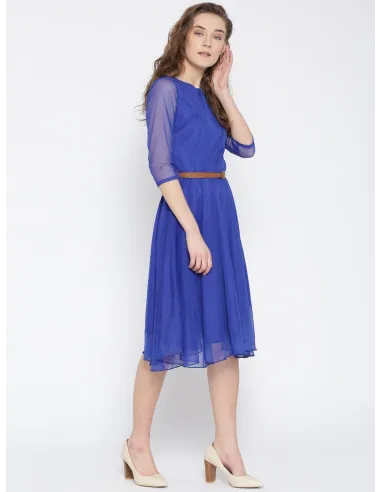 Women Blue Crepe Solid Fit & Flare Dress - U&F