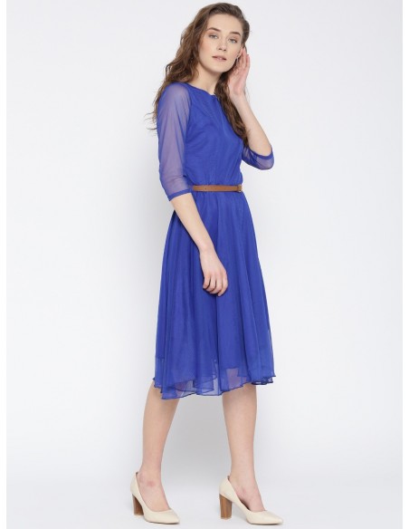 Women Blue Crepe Solid Fit & Flare Dress - U&F