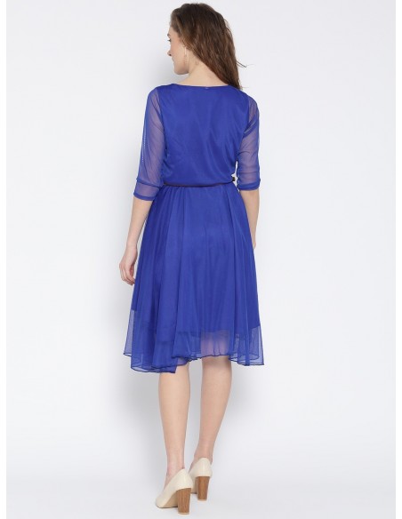 Women Blue Crepe Solid Fit & Flare Dress - U&F