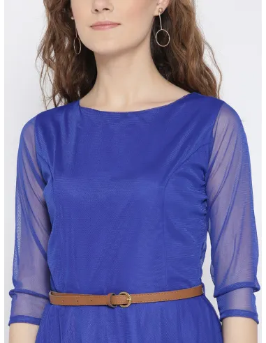 Women Blue Crepe Solid Fit & Flare Dress - U&F