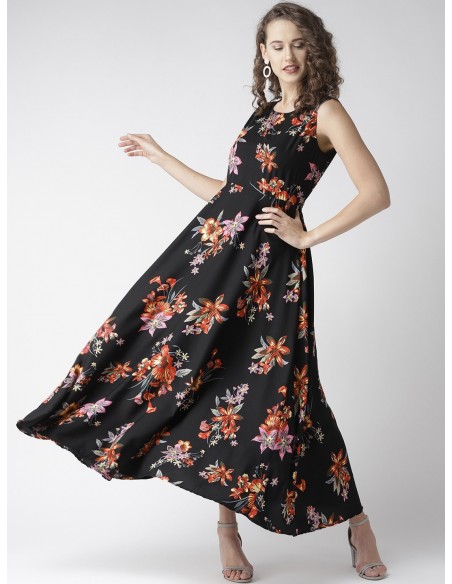 Women Black & Red Floral Print Maxi Dress - U&F