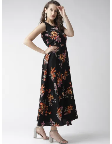 Women Black & Red Floral Print Maxi Dress - U&F