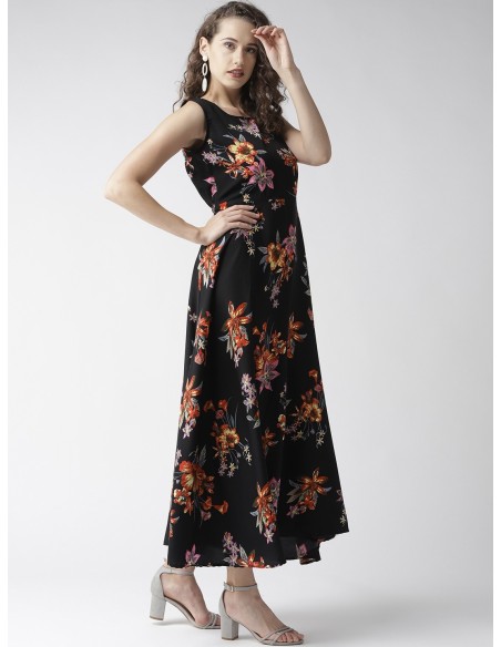 Robe longue imprimée fleurs noir & rouge – U&F