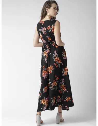 Women Black & Red Floral Print Maxi Dress - U&F