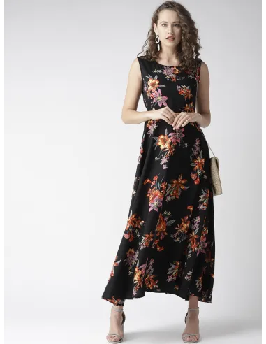 Women Black & Red Floral Print Maxi Dress - U&F